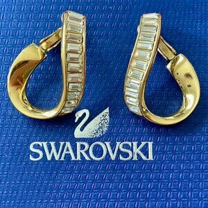 Vintage! SWAROVSKI Swan-signed Gold Tone Clip-on Earrings Baguette Crystals